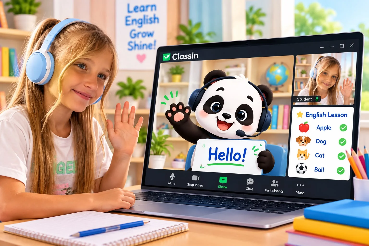 Child and teacher in a live online English classroom video lesson